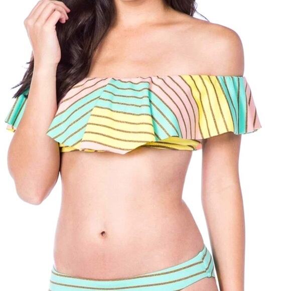 Trina Turk Metallic Stripe Ruffle Bikini Top Size 8 - Picture 1 of 9